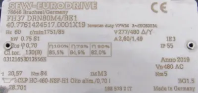 NEW SEW EURODRIVE FH37 DRN80M4/BE1 GEARMOTOR 20.57 277/480V FH37DRN80M4BE1