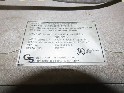 Sola 63-28-275-8 Constant Current Power Transformer 7.5kw 7500VA Single Phase
