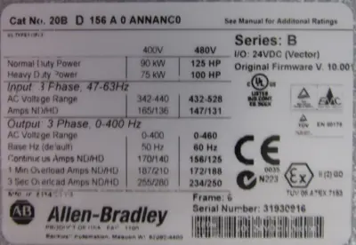 ALLEN BRADLEY 20BD156A0ANNANC0 POWERFLEX 700 125HP SER.B 20-HIM-A3 NEW SURPLUS