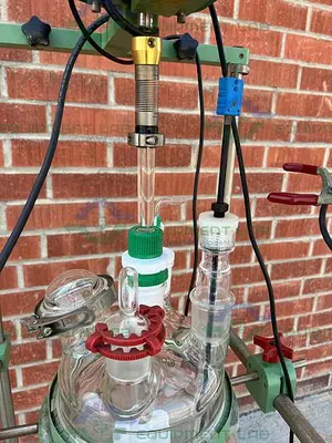 USED CHEMGLASS 20 LITER JACKETED GLASS REACTOR W/ CHEMGLASS OVERHEAD STIRRER