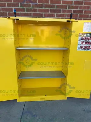 USED JUSTRITE 45 GALLON FLAMMABLE LIQUID STORAGE CABINET W/ SOFT CLOSE DOORS, KEY