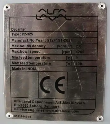 Alfa-Laval P2-325 sanitary decanter centrifuge, 316SS.