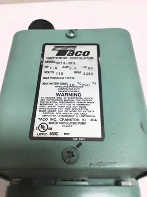 Taco 0013-SF3 Cartridge Circulator Pump 1/6HP 2.0Amp 60Hz 115V 3250RPM 125PSI