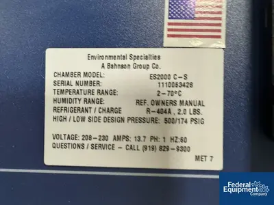 USED Environmental Specialties 33.8 Cu Ft Environmental Specialties Environmental Chamber, Model ES2000 CS