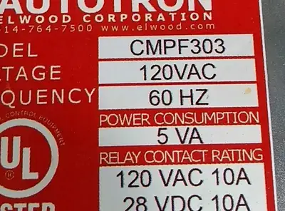 Elwood Autotron CMPF 303 120V 60Hz Relay Module Loc4B33