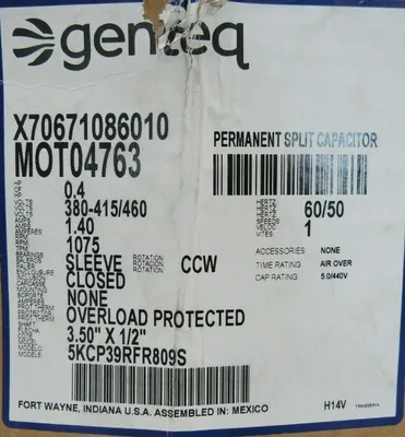 NEW GENTEQ MOT04763 FAN MOTOR 1/4HP 380-415/460V 3.5" x 1/2"
