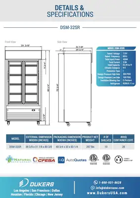 New | in-Stock Dukers New Dukers DSM-32SR Commercial Glass Sliding 2-Door Merchandising Reach-in Cooler Refrigerator Display Refrigerators Illinois US | Falcon Restaurant Supply #1376367