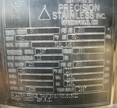 Tank, 5 Gallon, 316 Stainless Steel, Jacketed, 50 PSI, FV, 12" x 12", #5991549
