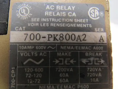 A-B Allen Bradley 700-PK800A2 Control Relay 230-240V Coil 56/60 Hz
