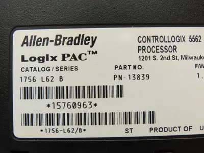 Allen Bradley 1756-L62 ControlLogix 5562 Processor Logix Pac Ser B Fw Rev 1.10