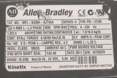 ALLEN BRADLEY MPL-B430H-SJ74AA SERVO MOTOR SER. A, PN-12189, MPLB430HSJ74AA