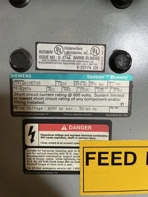 Siemens Sentron SX412A10ETVS 1200A Busway Tap Box 600VAC 3PH
