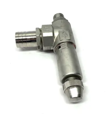 USED GOETZE ARMATUREN ANGLED SAFETY VALVE, STAINLESS STEEL