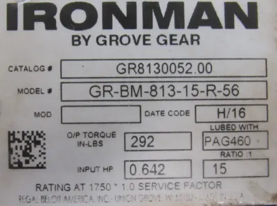 NEW GROVE GEAR GR8130052.00 GEAR REDUCER 15:1 GR-BM-813-15-R-56