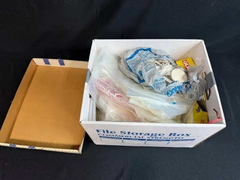 Box of Plastic Storage Bags and Round Paper Tags with Strings