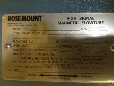ROSEMOUNT HIGH SIGNAL MAGNETIC FLOWTUBE MODEL 8703  THA060S1, SIZE 6"