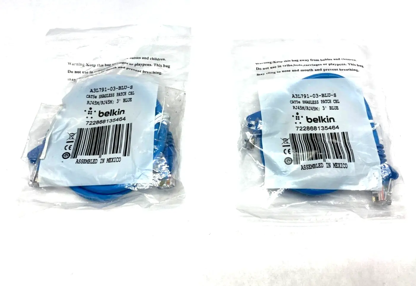 A3L791-03-BLU-S | Belkin  Cat5 Snagless Patch Cable RJ45 to RJ45 3' Length LOT OF 2 - New
