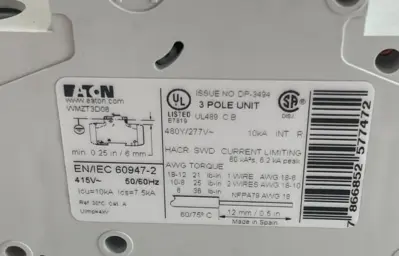 NEW EATON WMZT3D06 CIRCUIT BREAKER 6A 10KA TYPE D