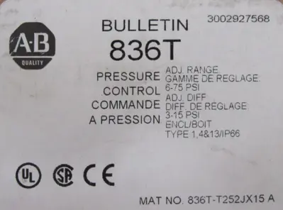 NEW ALLEN BRADLEY 836T-T252JX15 PRESSURE CONTROL SWITCH SER.A 836TT252JX15