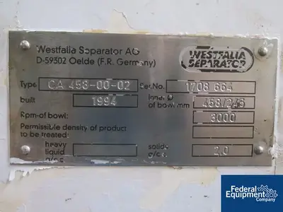 USED Westfalia Westfalia CA458-00-02 Decanter Centrifuge, S/S