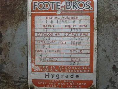 Foote Bros 4S Worm Gearbox 47:1 Ratio Reducer 2Hp 37.5 RPM Right Hand Output