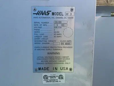 Used 2000 HAAS VF3 Vertical Machining Centers Ohio US | HGR 24 #1260878