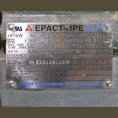 Teco Westinghouse HPE 15 HP Motor