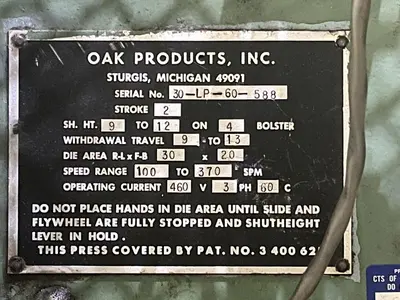 60 TON OAK MODEL #30-LP-60 HIGH SPEED LAM PRESS: STOCK #13135