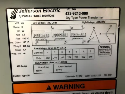 New 45 KVA STEP UP Dry Type Transformer 240 Delta 480Y/277 Jefferson 423-9213-000 FREE SHIPPING