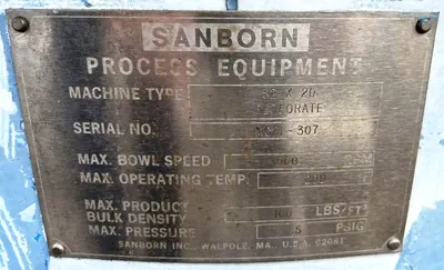 Sanborn 32 x 20 perforate basket centrifuge, Hastelloy C276.
