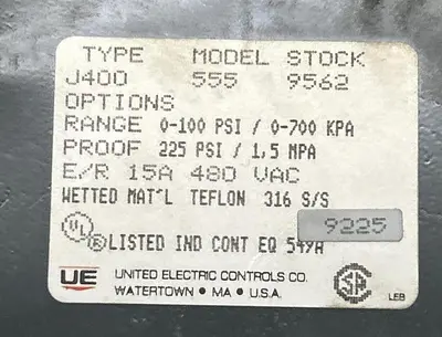 New | in-Stock UNITED ELECTRIC J400-555-9562 Miscellaneous Equipment (Electrical & Power) | Surplus Asset Holdings #1197800