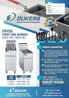 New | in-Stock Dukers New Dukers DCF4-NG Natural Gas Floor Fryer with 4 Tube Burners 50lbs 120,000 BTU on Casters Cookers / Coolers / Fryers Illinois US | Falcon Restaurant Supply #1376324