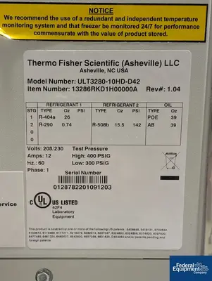 USED Thermo Fisher Scientific Thermo Fisher ULT Freezer, Model ULT3280-10HD-D42