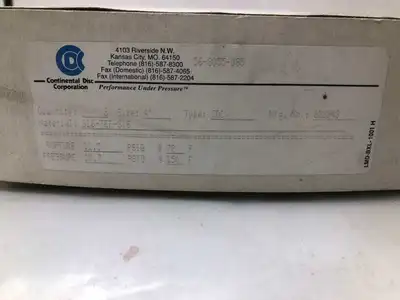 Continental Disc Corp. 228943 4″ 316SS/TEF Rupture Disc 11.5/10.7PSIG 72/150°F -NIB