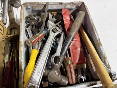 Large lot of assorted hand tools, includes sockets, wrenches, screwdrivers, nut drivers, brushes, an...
