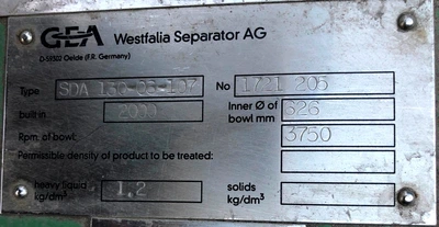 Westfalia SDA 130-76-107 nozzle centrifuge, 316SS.