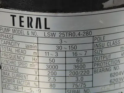 Teral LSW 25TR0.4-280 Immersion Coolant Pump .4kW 220V 3PH 30-150 L/min