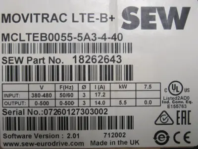 NEW SEW EURODRIVE 18262643 DRIVE 7.5HP MCLTEB0055-5A3-4-40