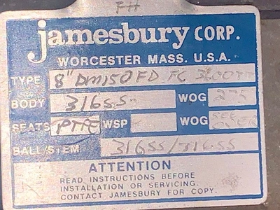 8" Jamesbury 3-way DM150FDFC3600TT Stainless Steel Valve