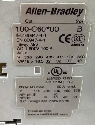 Allen Bradley 100-C60*00 /B Contactor w/100-S Aux Contact 120V Coil