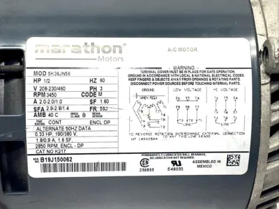 5K36JN56, K217 | Marathon 5K36JN56 Pump Motor 1/2HP 208-230/460V 3PH, Code M, 3450rpm, K217 - Used