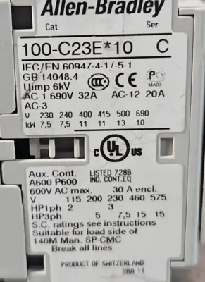 Allen Bradley 100-C23UEJ10 /C Contactor 3Ph Coil 24VDC 600VAC Max loc4B10