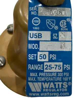 NEW WATTS U5B-Z3-3/4 WATER PRESSURE REDUCING VALVE U5BZ3 3/4"