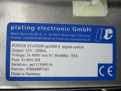 2500 Amp., 6 VDC, 480 VAC, Plating Electronic GMBH, power stations PE 3000, plating power supply