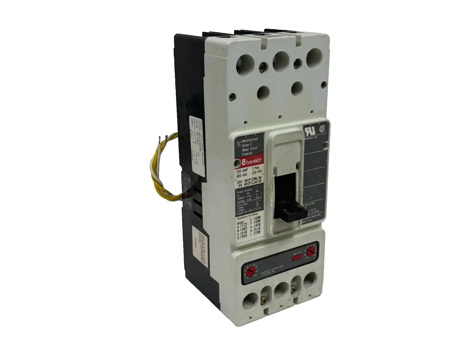 USED WESTINGHOUSE HM2P250L5W CIRCUIT BREAKER 600VAC / 250VDC HM2P2LWS10