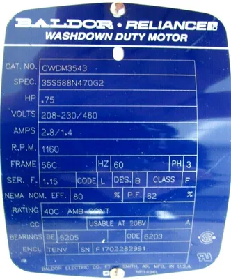 NEW BALDOR CWDM3543 WASHDOWN MOTOR 3/4HP 208-230/460V 1160RPM 5/8" DIA.