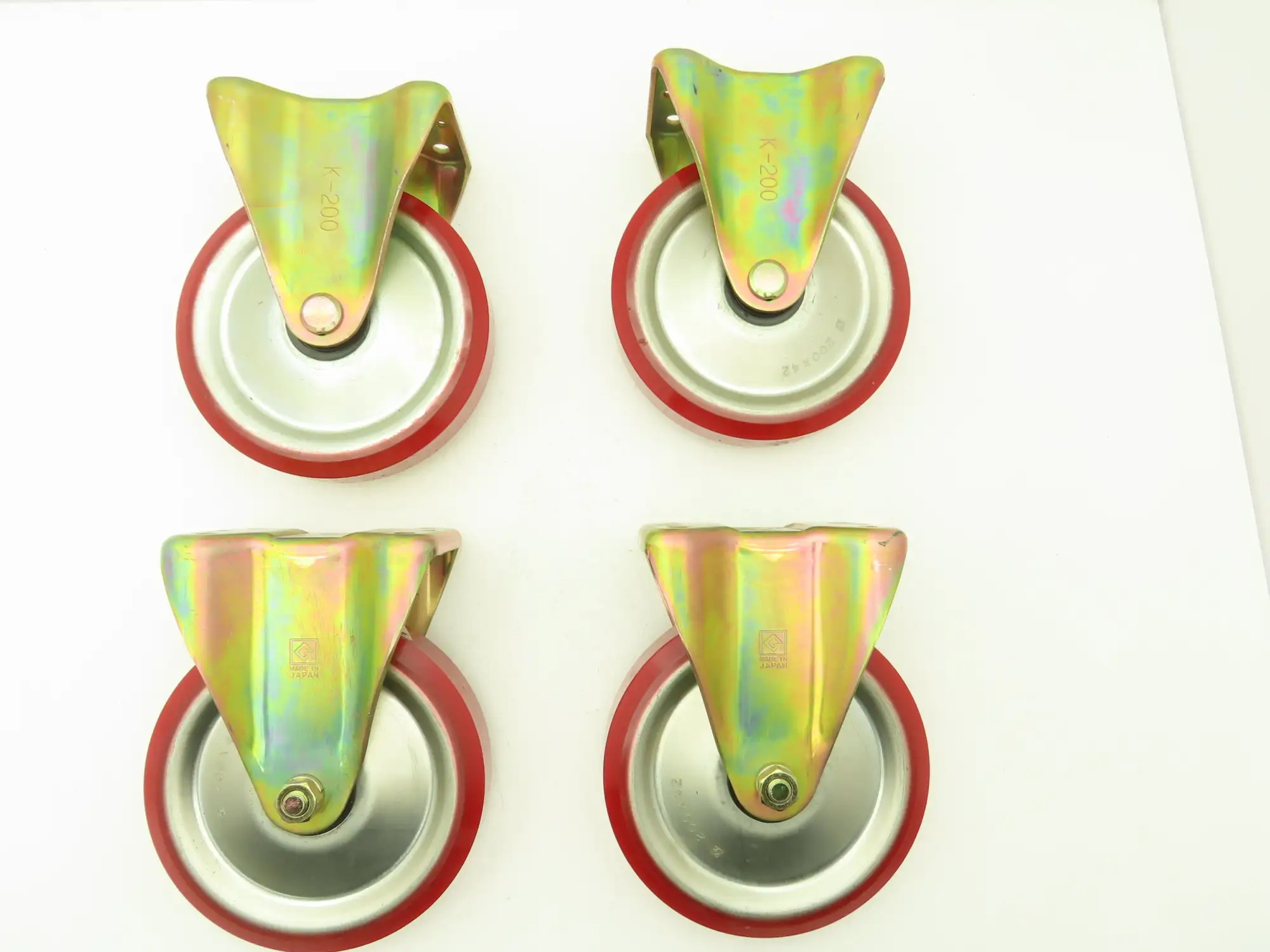 200x42mm 8" Red Polyurethane Rigid Plate Caster Wheel  Lot of 4