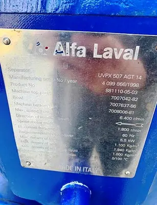 Alfa-Laval UVPX 507 AGT-14 olive oil purifier skid, 316SS.