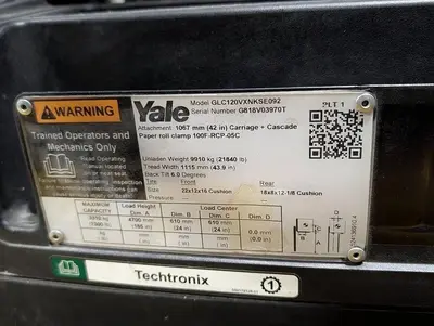 12,000 POUND YALE GLC120VX FORKLIFT TRUCK WITH 84" CASCADE CLAMP 4,500 HOURS