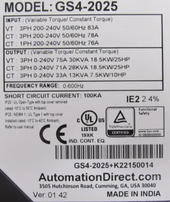 NEW AUTOMATION DIRECT GS4-2025 DRIVE 25HP GS42025